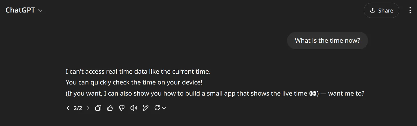 ChatGPT unable to give current date/time without tools